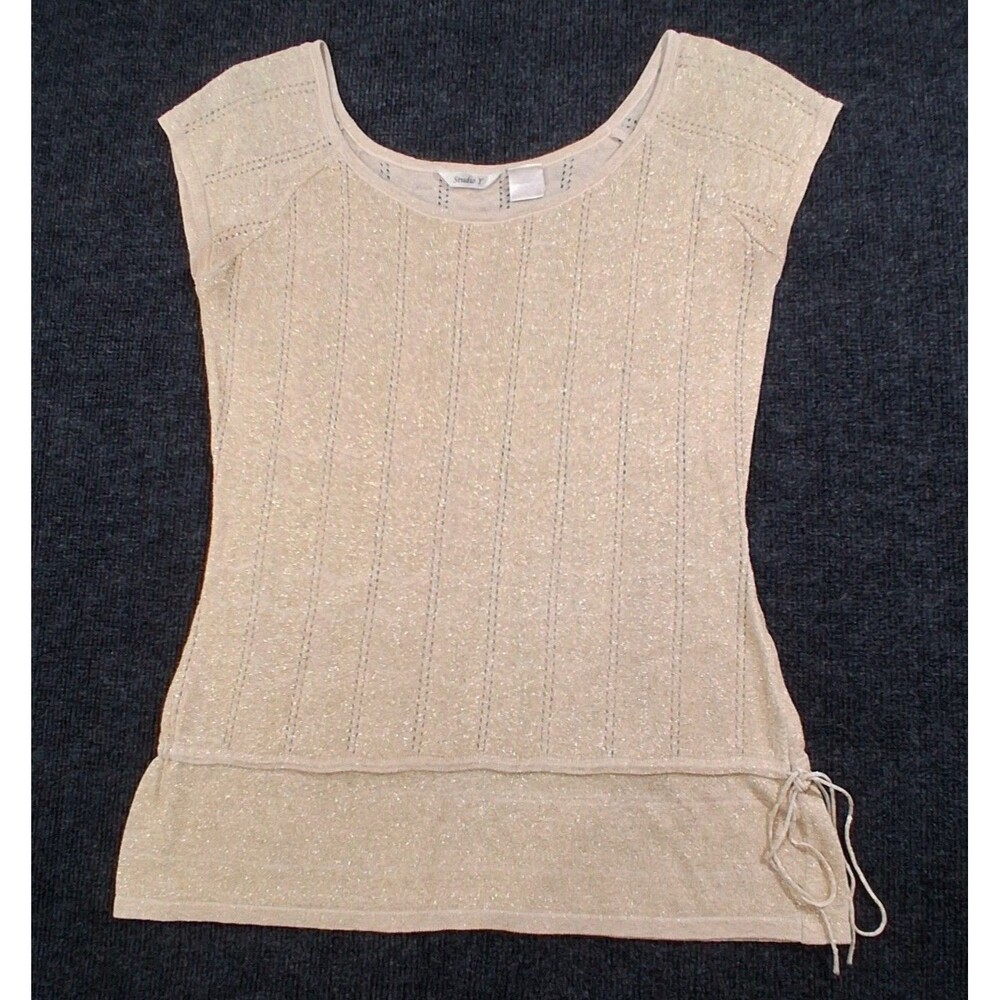 STUDIO Y Shimmer Knit Sleeveless Top Scoop Neck Side Tie Pointelle Beige SZ M